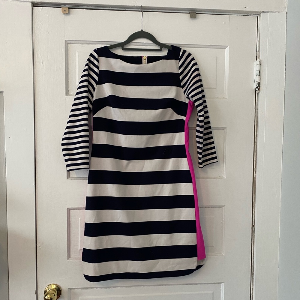 Blue/white striped dress with pink zipper detail